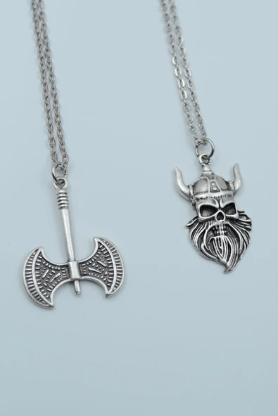 2'li Çift Taraflı Balta Viking Savaşçı Gümüş Kaplama Kolye Seti ürün görseli 1