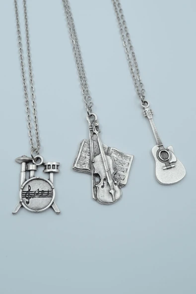 3'lü Keman Nota Defteri Bateri Gitar Gümüş Kaplama Kolye Seti ürün görseli 1