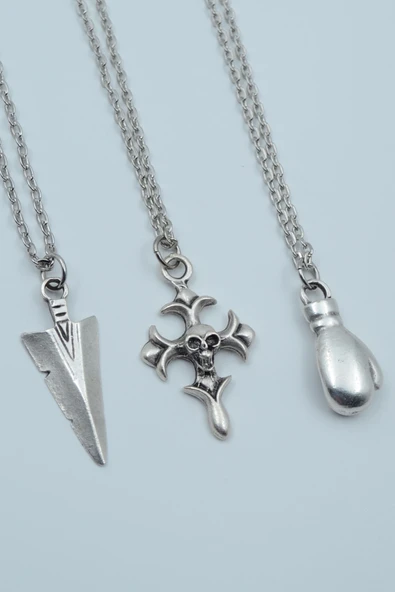 3'lü Triagle Ok Ucu  Kuru Kafa Haç Boks Eldiveni Gümüş Kaplama Kolye Seti ürün görseli 1