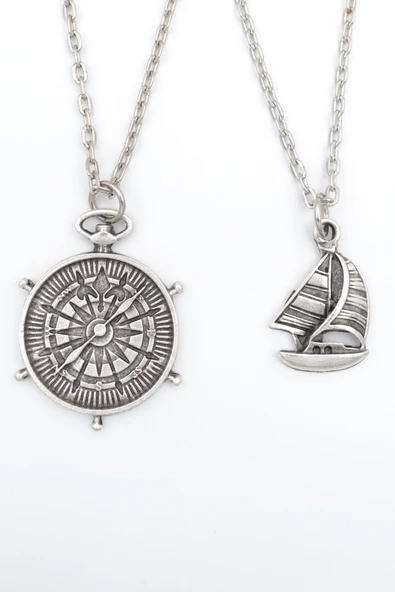 2'li Yelkenli Gemi - Gemici Pusula Gümüş Kaplama Kolye Seti ürün görseli 1