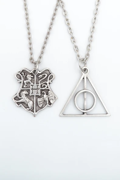 2'li Harry Potter Ölüm Yadigarları Üçgen - Hogwarts Gümüş Kaplama Kolye Seti