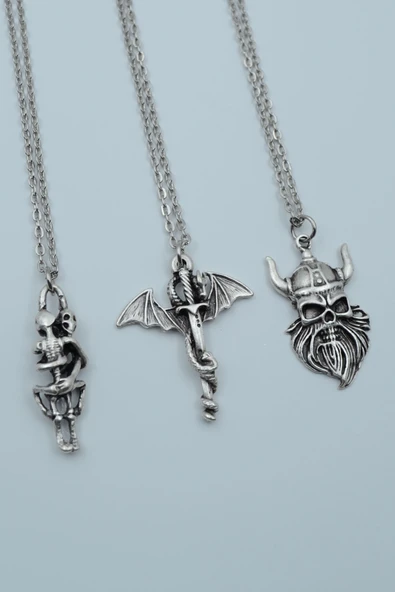 3'lü Sarılan İskelet Ejderha Kılıç Viking Savaşçı Gümüş Kaplama Kolye Seti ürün görseli 1
