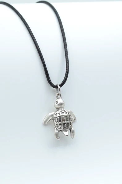 Kaplumbağ  Gümüş Kaplama Deri İp Kolye ürün görseli 1