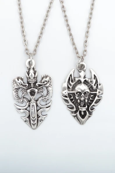 2'li Diablo  Şeytan Kalkan - Ejderha Kılıç Taç Gümüş Kaplama Kolye Seti ürün görseli