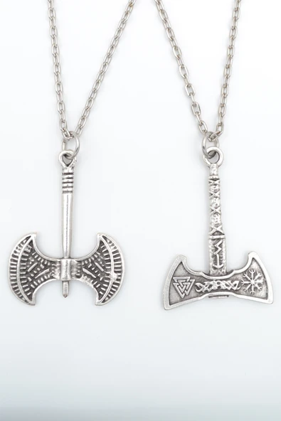 2'li Viking Balta - Çift Taraflı Balta Gümüş Kaplama Kolye Seti ürün görseli 1