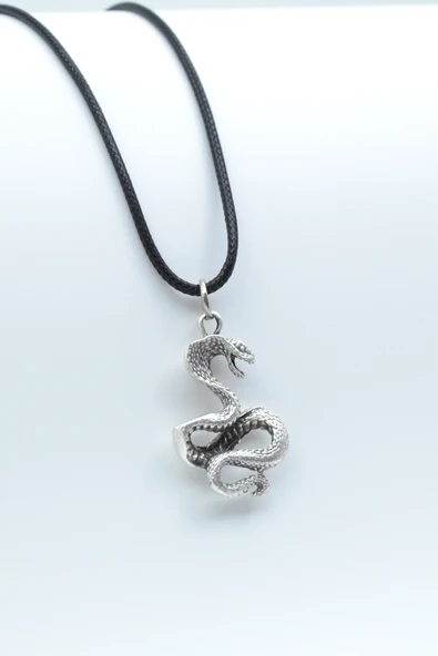 Kobra Yılan Gümüş Kaplama Deri İp Kolye ürün görseli 1