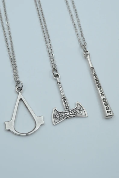 3'lü Assassin’s Creed Viking Balta Beyzbol Sopası Gümüş Kaplama Kolye Seti ürün görseli 1