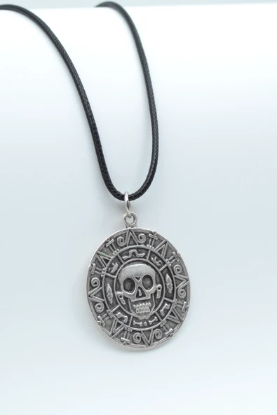 Aztec Karayip Korsanları Madalyon Gümüş Kaplama Deri İp Kolye ürün görseli 1