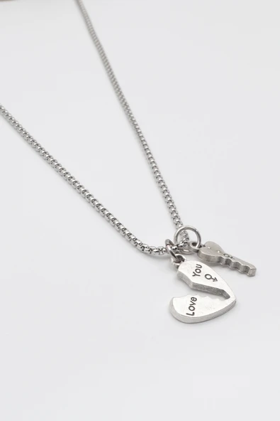 Kalp ve Anahtar 'Love' Yazılı Kolye - Örme İthal Zincirli Unisex Gümüş Kaplama - 60 cm - Resim 2