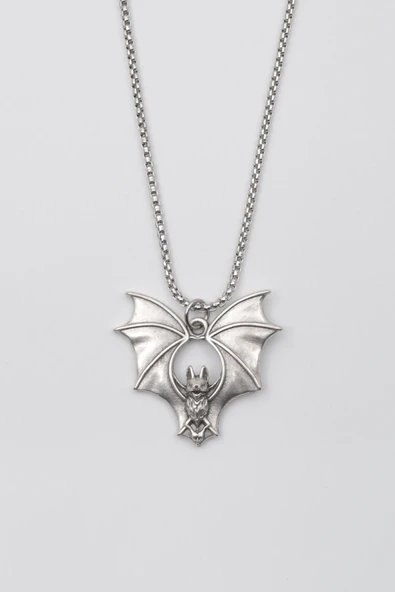 Gotik Yarasa Kolye - Örme İthal Zincirli Unisex Gümüş Kaplama Kolye - 60 cm