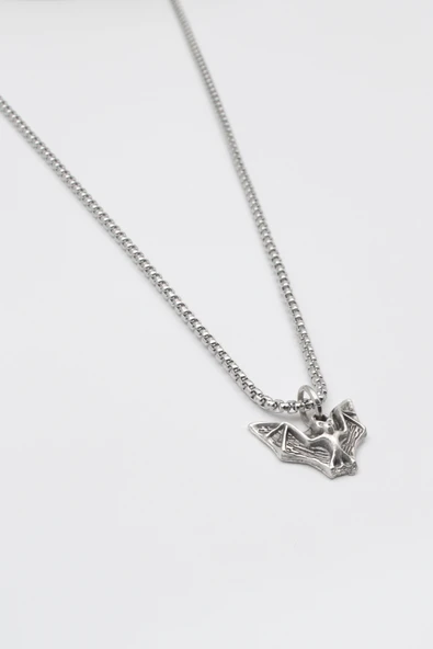 Minimalist Gotik Yarasa Kolye - Örme İthal Zincirli Unisex Gümüş Kaplama - 60 cm - Resim 2