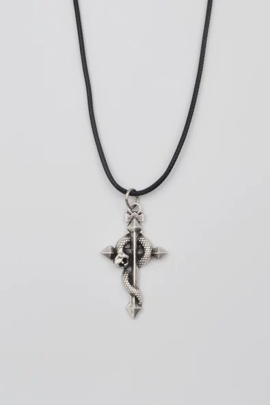 Yılan Sarılı Haç Kolye - PU Deri İp Zincirli Unisex Gümüş Kaplama - 60 cm ürün görseli 1