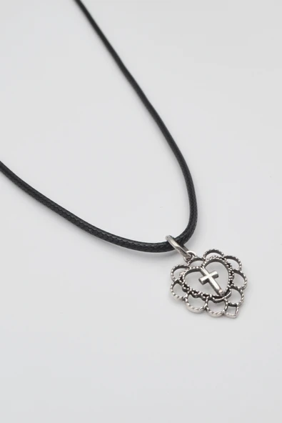 Kalp ve Haç Motifli Kolye - PU Deri İp Zincirli Unisex Gümüş Kaplama - 60 cm - Resim 2