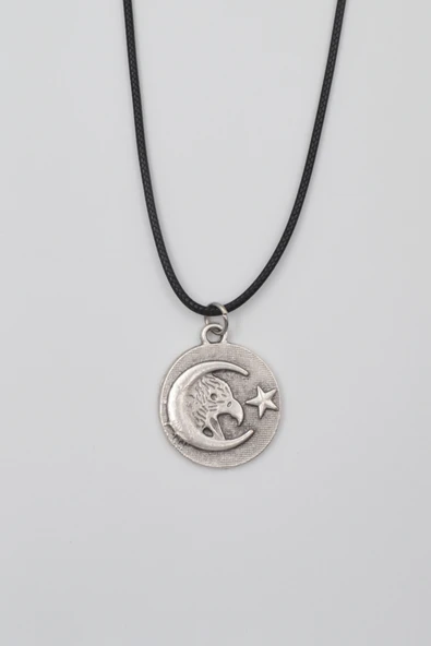 Ay Yıldız Kartal Figürlü Kolye - PU Deri İp Zincirli Unisex Gümüş Kaplama - 60 cm ürün görseli 1