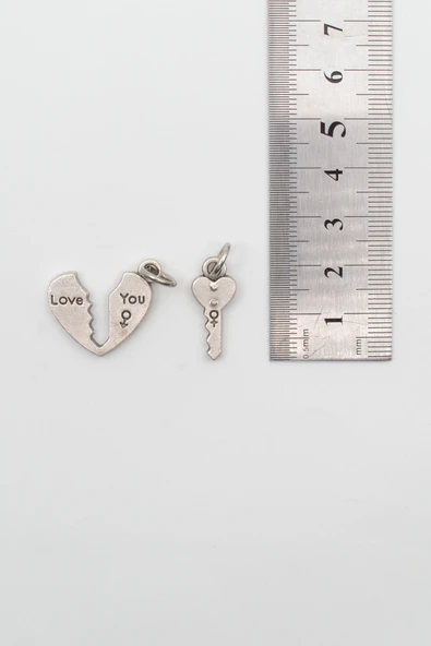 Kalp ve Anahtar 2'li Kolye Ucu - Antik Gümüş Kaplama - Resim 4