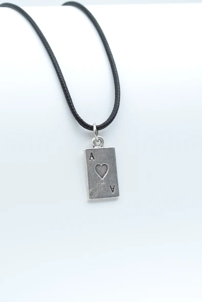 Minimal Maça As Poker İskambil Gümüş Kaplama Deri İp Kolye ürün görseli 1