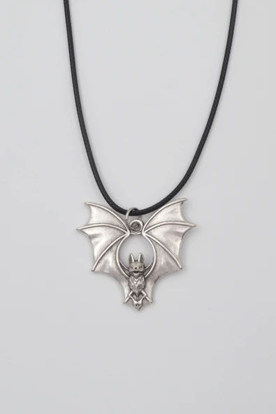 Gotik Yarasa Kolye - PU Deri İp Zincirli Unisex Gümüş Kaplama Kolye - 60 cm - 1