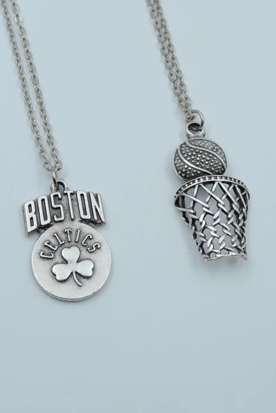 2'li Boston Celtics Basket Topu - File - Pota Gümüş Kaplama Kolye Seti - 1