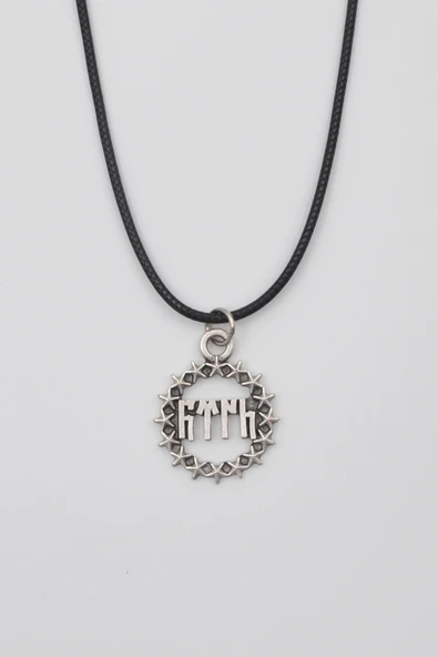 Göktürkçe Türk Yazılı ve Yıldızlı Kolye - PU Deri İp Zincirli Unisex Gümüş Kaplama - 60 cm ürün görseli 1