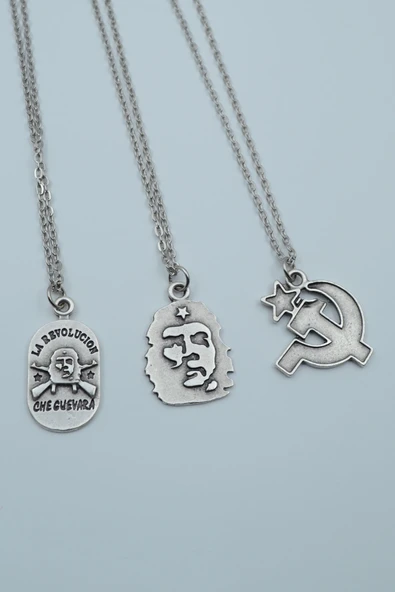 3'lü Devrim Che Guevara Orak Çekiç Gümüş Kaplama Kolye Seti - 1