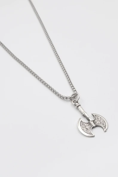 Viking Çift Başlı Balta Kolye - Örme İthal Zincirli Unisex Gümüş Kaplama - 60 cm - Resim 2