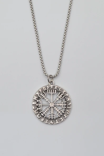 Viking Pusula Kolye (Vegvisir) - Örme İthal Zincirli Unisex Gümüş Kaplama - 60 cm ürün görseli 1