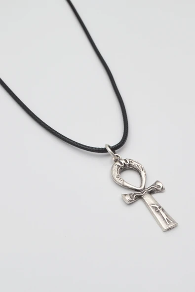 Ankh Yaşam Kolye - PU Deri İp Zincirli Unisex Gümüş Kaplama Mısır Sembolü - 60 cm - Resim 2