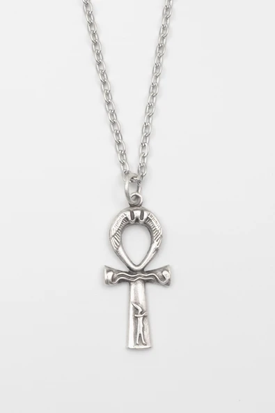 Ankh Yaşam Kolye - Düz Ezme İthal Zincirli Unisex Gümüş Kaplama Mısır Sembolü - 60 cm ürün görseli 1