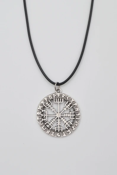 Viking Pusula Kolye (Vegvisir) - PU Deri İp Zincirli Unisex Gümüş Kaplama - 60 cm ürün görseli 1