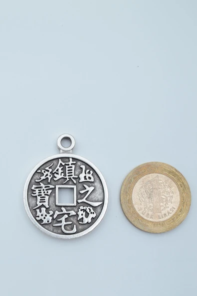 Feng Shui Çin Şans Parası Gümüş Kaplama Kolye Ucu - Resim 4
