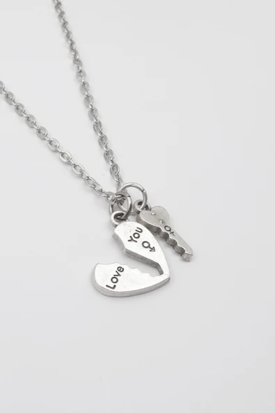 Kalp ve Anahtar 'Love' Yazılı Kolye - Düz Ezme İthal Zincirli Unisex Gümüş Kaplama - 60 cm - Resim 2