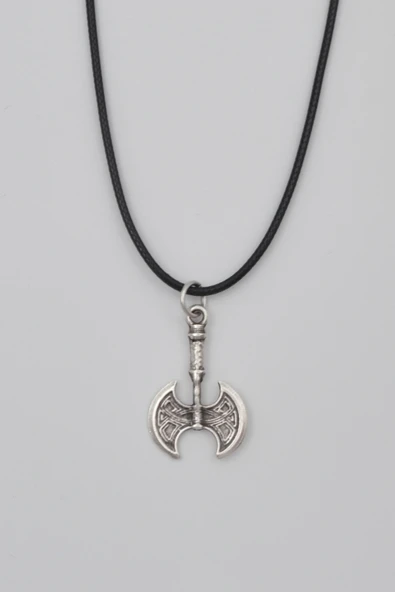 Viking Çift Taraflı Balta Kolye - PU Deri İp Zincirli Unisex Gümüş Kaplama - 60 cm ürün görseli 1