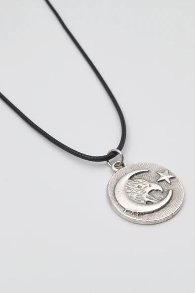 Ay Yıldız Kartal Figürlü Kolye - PU Deri İp Zincirli Unisex Gümüş Kaplama - 60 cm - Resim 2