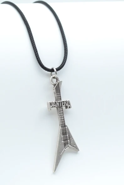 Pantera Elektro Gitar Gümüş Kaplama Deri İp Kolye ürün görseli 1