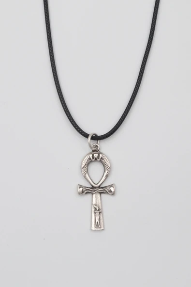 Ankh Yaşam Kolye - PU Deri İp Zincirli Unisex Gümüş Kaplama Mısır Sembolü - 60 cm ürün görseli 1