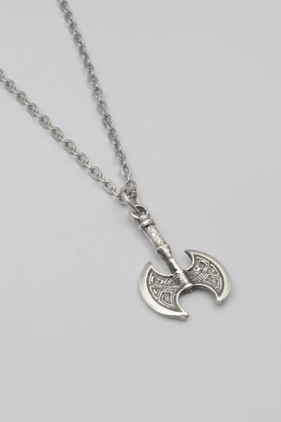 Modern Viking Balta Kolye - Düz Ezme İthal Zincirli Unisex Gümüş Kaplama - 60 cm - Resim 2