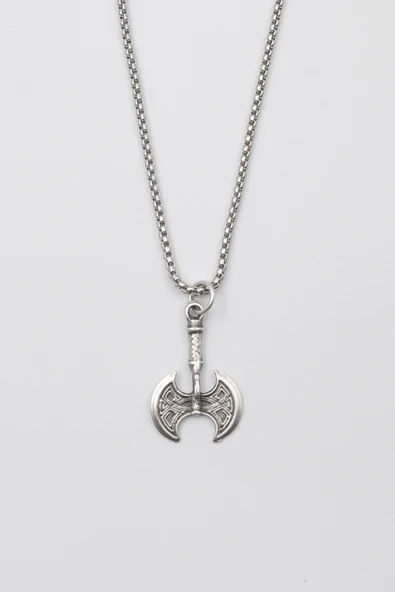 Viking Çift Başlı Balta Kolye - Örme İthal Zincirli Unisex Gümüş Kaplama - 60 cm ürün görseli 1