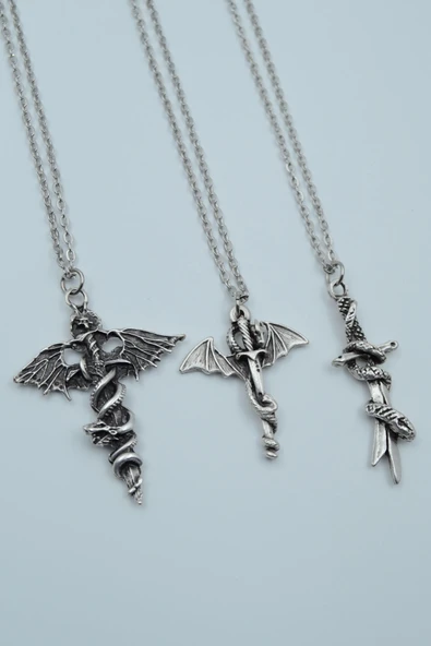 3'lü Yarasa Kılıç Yılan Kılıç Ejderha Kılıç Gümüş Kaplama Kolye Seti ürün görseli 1