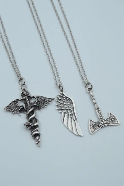 3'lü Kılıç Yarasa Yılan Büyük Kanat Viking Balta Gümüş Kaplama Kolye Seti ürün görseli 1