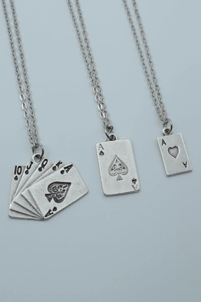 3'lü Maça As Poker İskambil Gümüş Kaplama Kolye Seti ürün görseli 1
