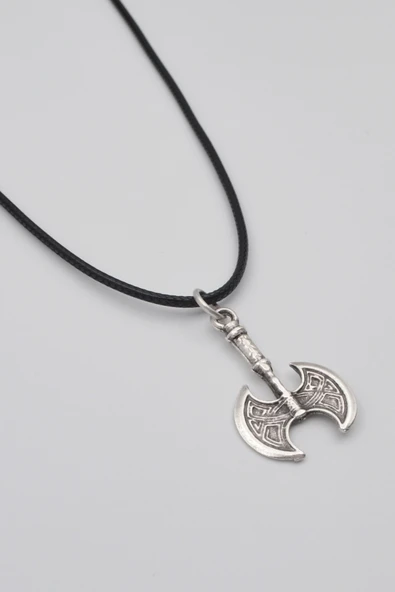 Viking Çift Taraflı Balta Kolye - PU Deri İp Zincirli Unisex Gümüş Kaplama - 60 cm - Resim 2