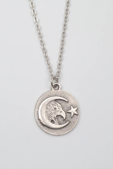 Ay Yıldız Kartal Figürlü Kolye - Düz Ezme İthal Zincirli Unisex Gümüş Kaplama - 60 cm ürün görseli 1