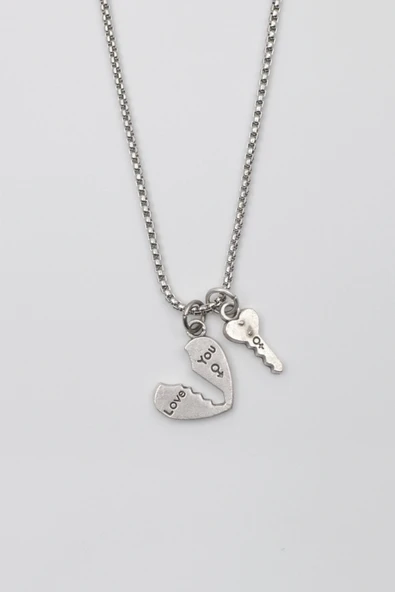 Kalp ve Anahtar 'Love' Yazılı Kolye - Örme İthal Zincirli Unisex Gümüş Kaplama - 60 cm ürün görseli 1