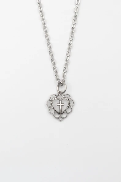 Modern Kalp İçinde Haç Kolye - Düz Ezme İthal Zincirli Unisex Gümüş Kaplama - 60 cm ürün görseli 1