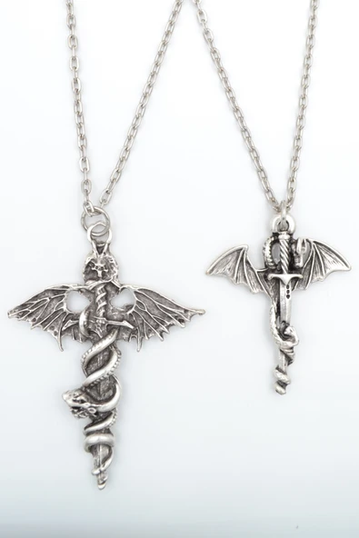 2'li Kılıç Yarasa Yılan - Ejderha Kılıç Gümüş Kaplama Kolye Seti ürün görseli 1