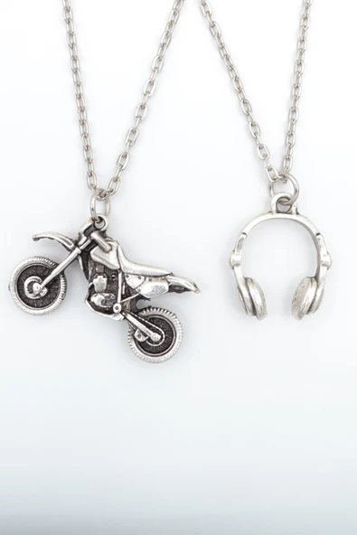 2'li Cross Motor - Motorsiklet - Kulaklık Gümüş Kaplama Kolye Seti ürün görseli 1