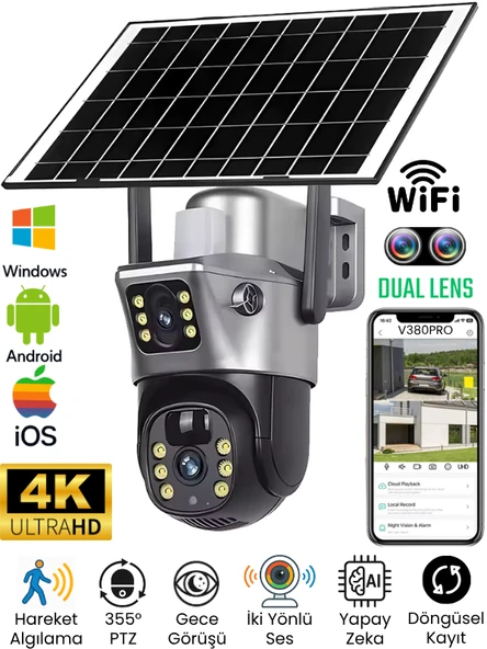 MPI V380PRO 6MP Güneş Enerjili WiFi Güvenlik Kamerası Akıllı Yapay Zeka PTZ Solar Kamera Gece Görüşü