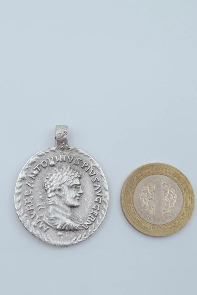 Roma Parası Sikke Gümüş Kaplama Düz Zincir Kolye - Resim 6
