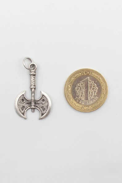 Viking Çift Başlı Balta Kolye Ucu - Antik Gümüş Kaplama - Resim 2