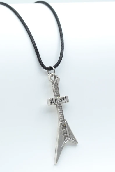 Pentagram Elektro Gitar Gümüş Kaplama Deri İp Kolye ürün görseli 1